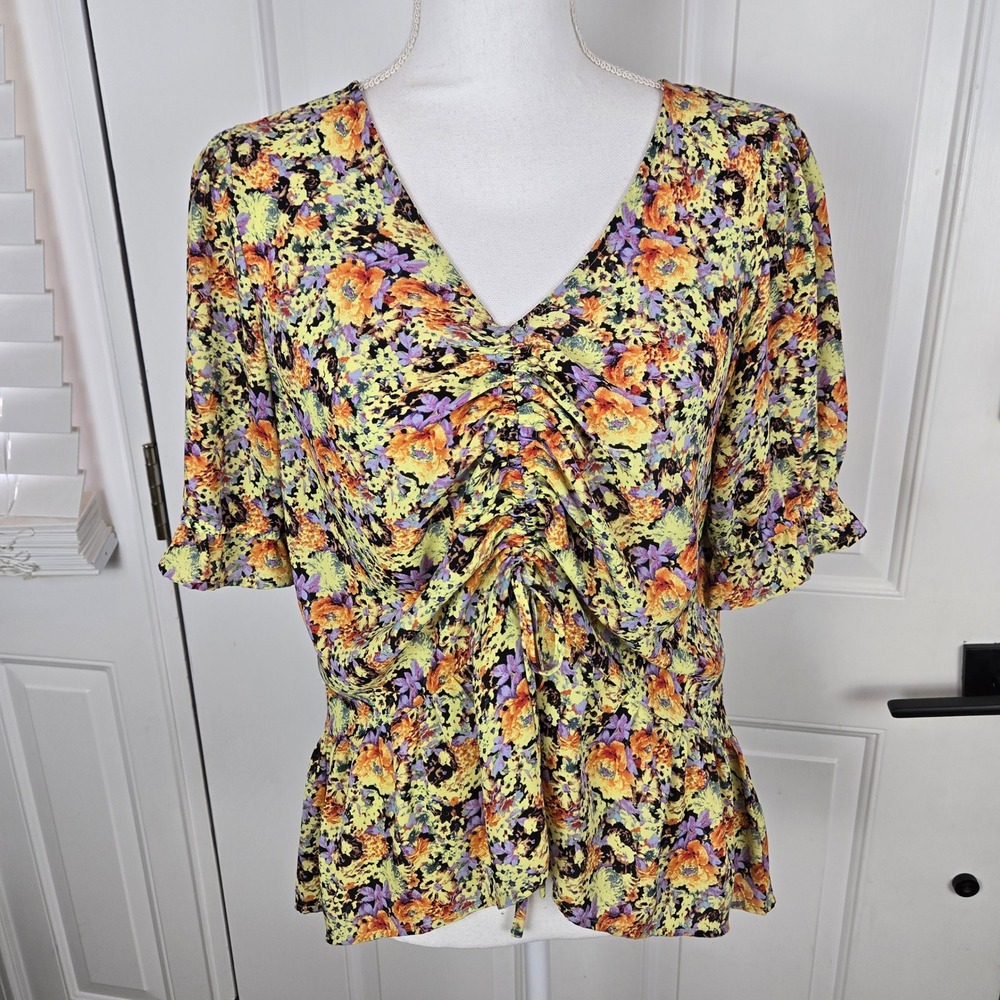 Pleione Floral Blouse Top‎ Women Medium Peasant YelllowRuched V Neck Bohemian